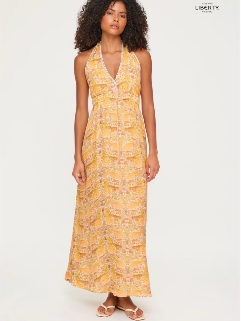 Heidi Klein Mykonos Yellow Peacock and exotic bird inspired Halter Maxi Dress